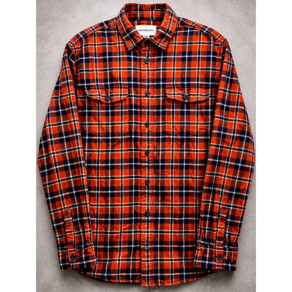 American Eagle Orange Blue Plaid Flannel Shirt Large Men's Button Up
